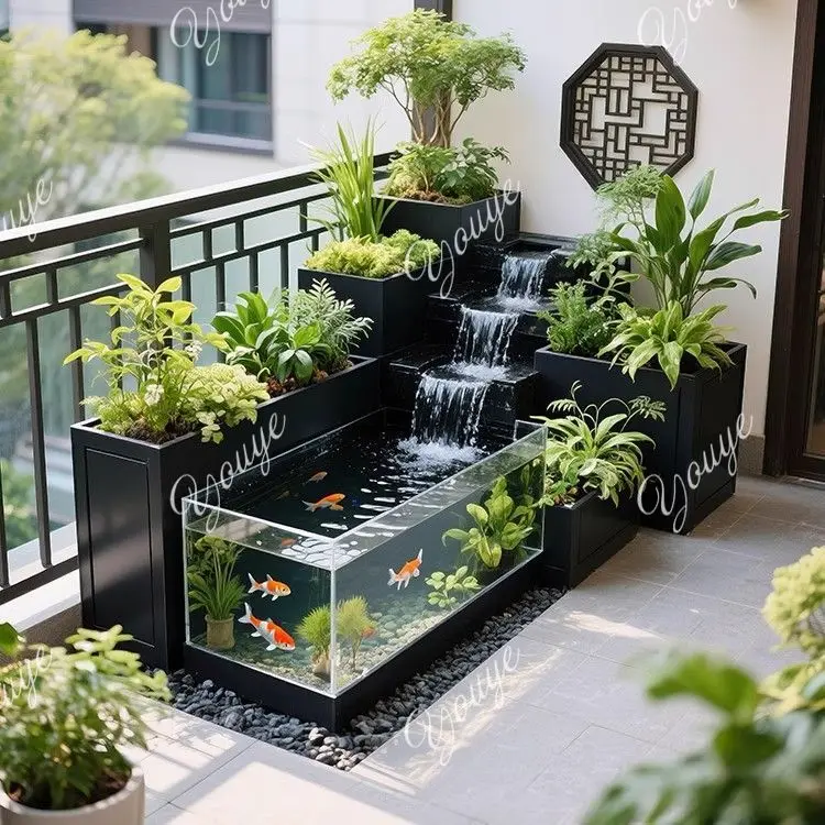 

Creative flowing water fish tank flower box metal acrylic patio circulating fish pond stainless steel courtyard combination
