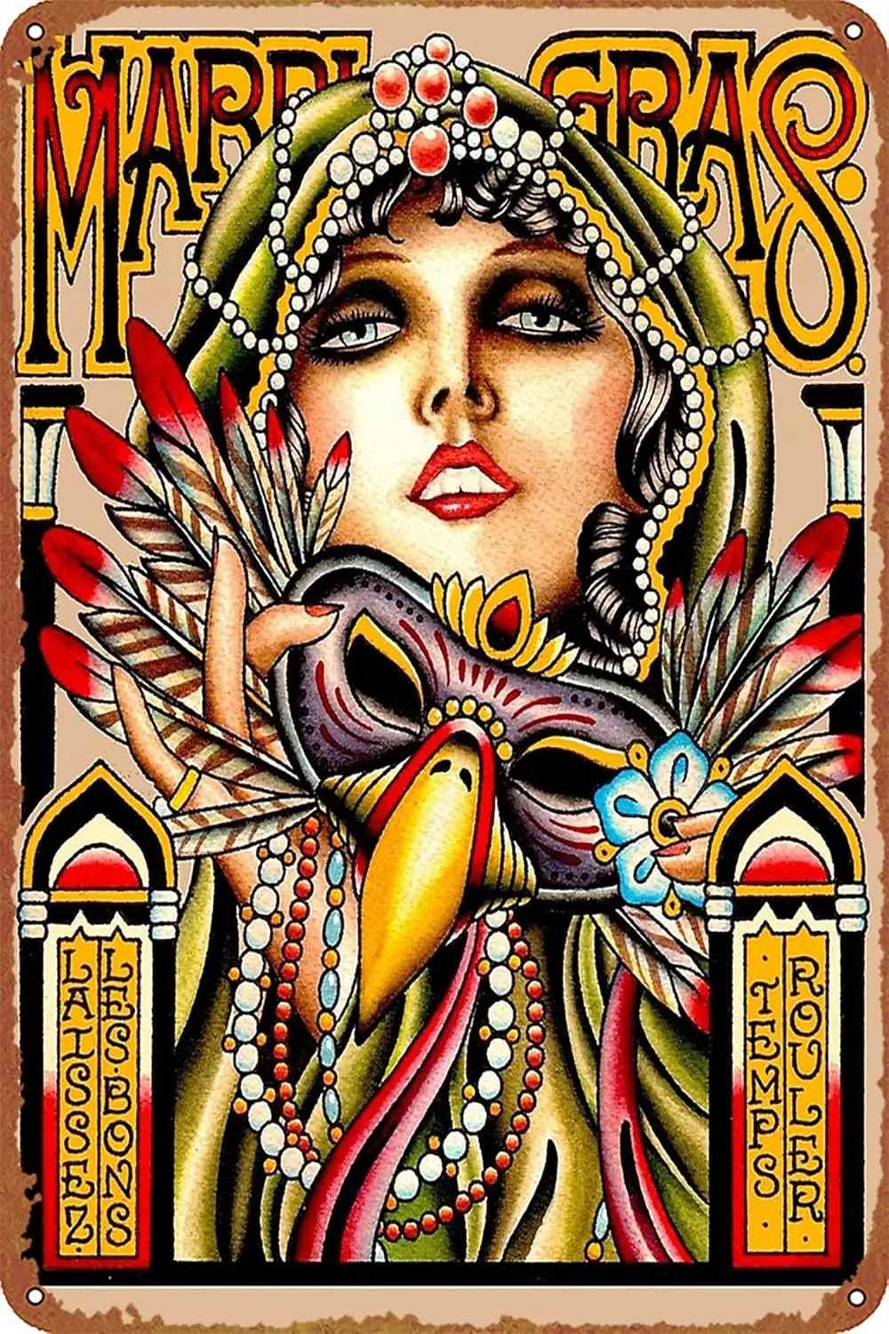 MARDI GRAS; Vintage New Orleans Art Deco Poster Retro Metal Sign Vintage Tin Sign for Cafe Bar Home Wall Decor 12 X 8 inch JIANZ