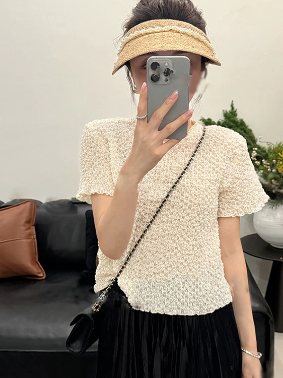 T-shirt a bolle di nuovo design estivo da donna con strato base dimagrante allentato Top rotondo Ne ort Sve T-shirt lavorata a maglia