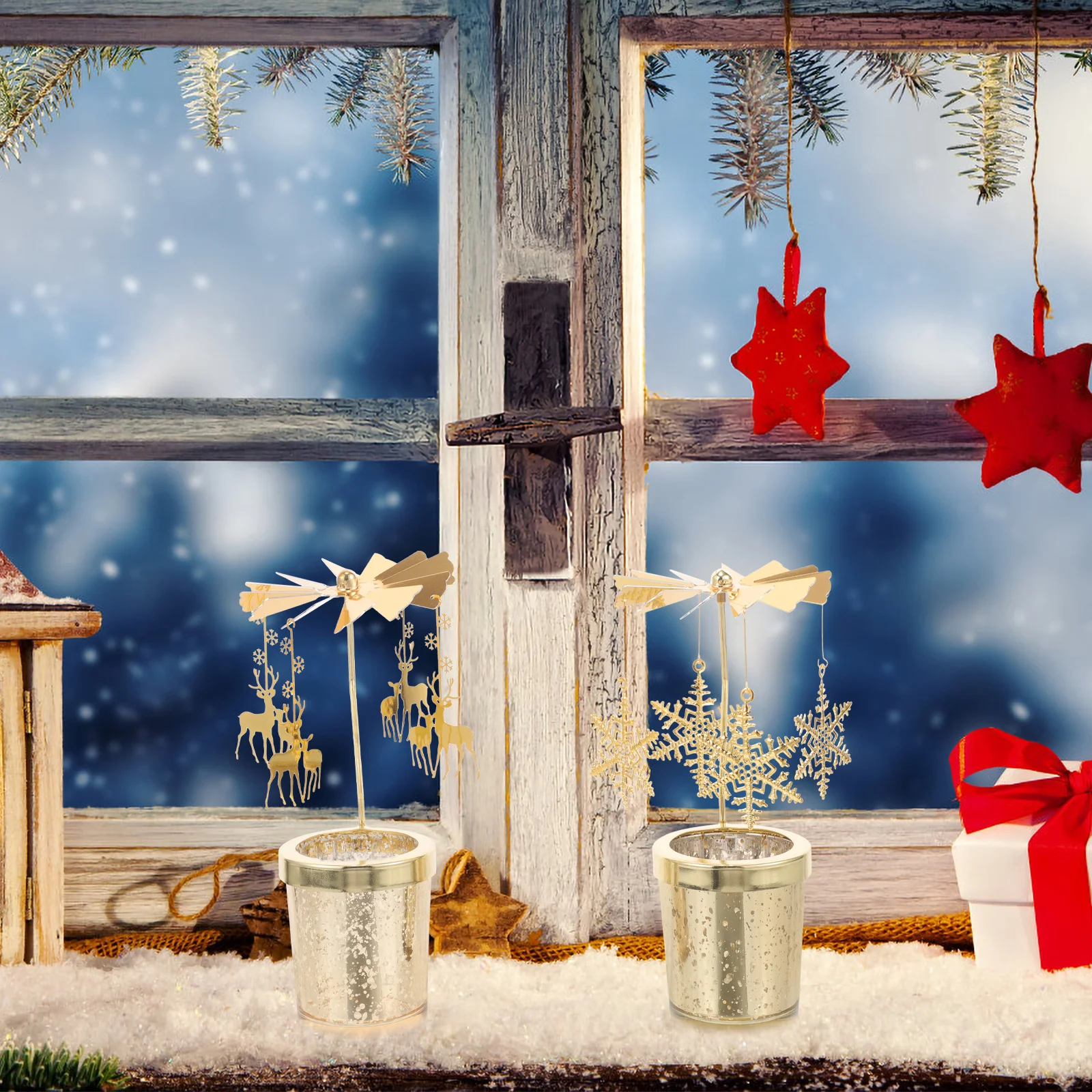 

2pcs Rotating Holder Metal Christmas Lantern Spinning Table Decor Candlestick For Home Party Wedding Holiday Snowflake