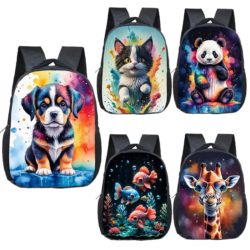 12 Inches Watercolor Animal Backpack for 2-4 Years Old Cat Dog Panda Dolphin Giraffe Kids Kindergarten Toddler School Bags Gift