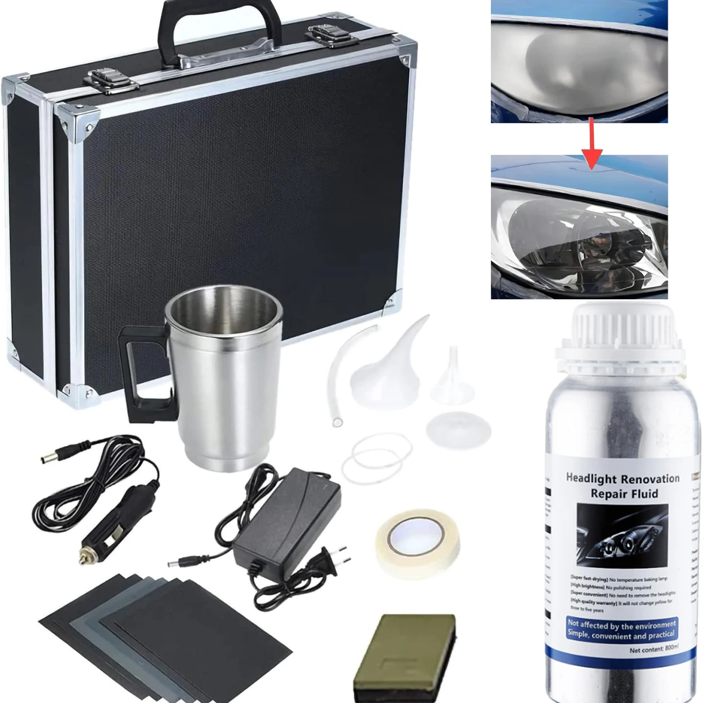 Scheinwerfer-Behandlungsset, 800 ml, Reparaturflüssigkeit, Scheinwerfer-Dampf-Set mit Werkzeugkasten, Scheinwerfer-Reparaturset für Vergilbung/Vage/Kratzer