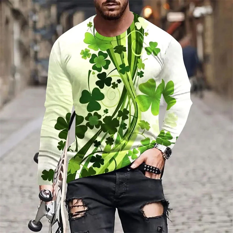 3D Printed Lucky Clover T-Shirt For Men Creative Pattern Tees Spring Autumn Harajuku O-Neck Tops Loose T Shirts Long Sleeves