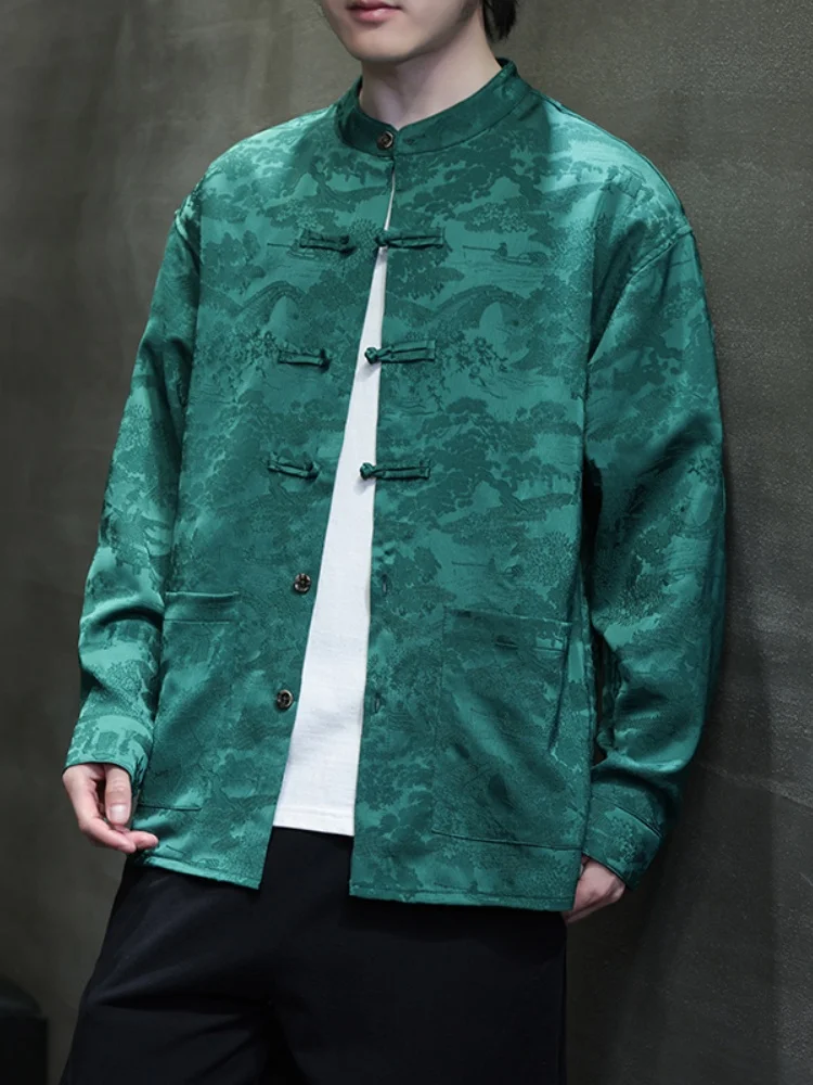 

New Chinese Sle irt Men's Tang Suit Spring Autumn Pattern Improved Embroidered Button Middle Aged And ly Clothing