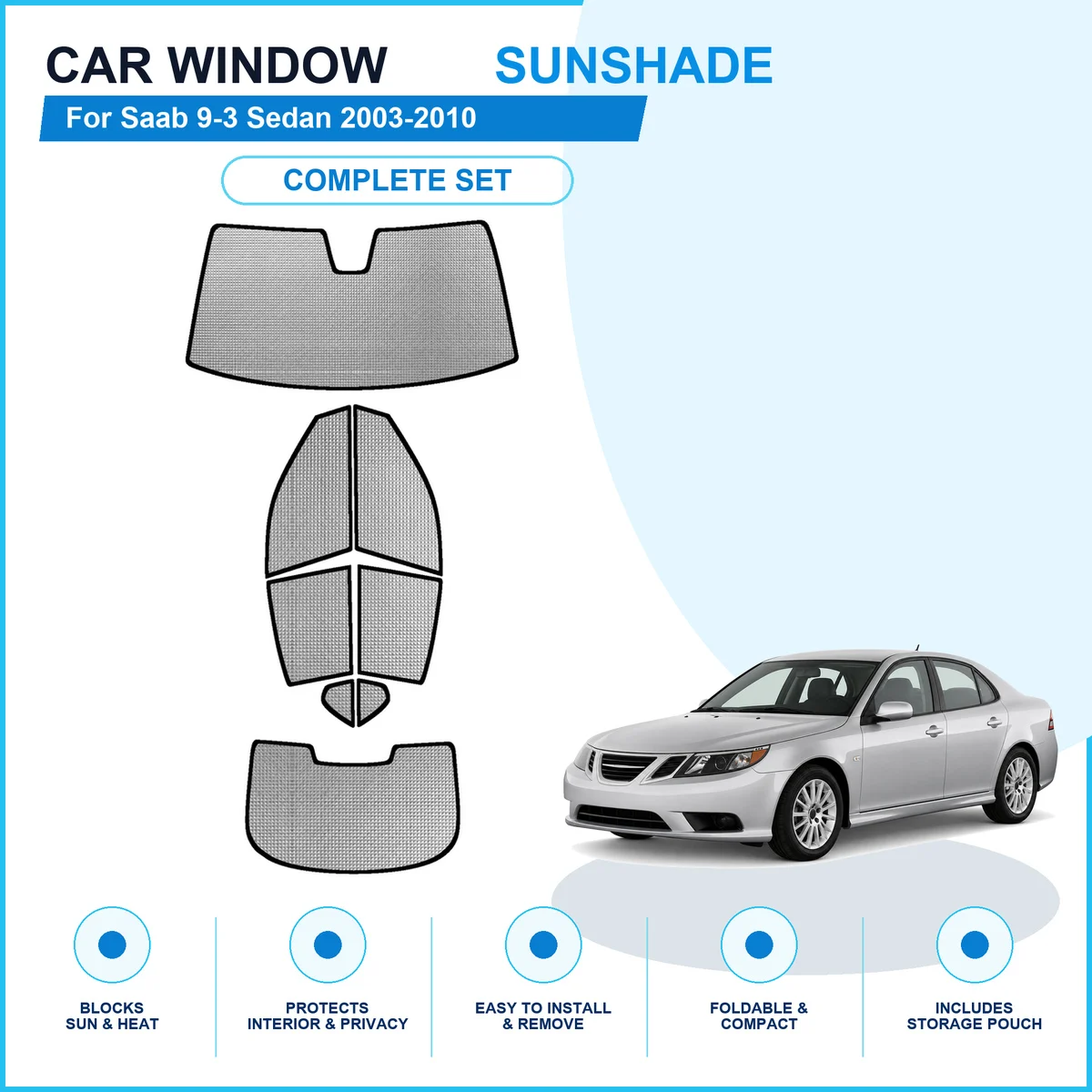 For Saab 9-3 Sedan 2003-2010 Custom Full Set Window Sunshades Aluminum Foil Suction Cup Anti UV Privacy