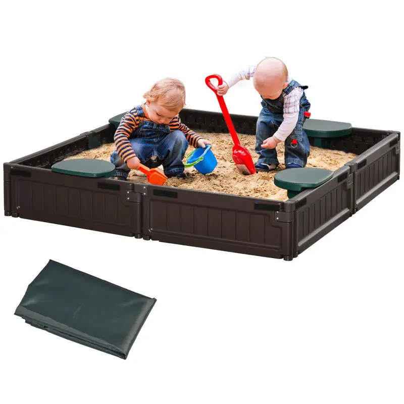 

Kids Outdoor Sandbox with Canopy, Bottom Fabric Liner, Brown
