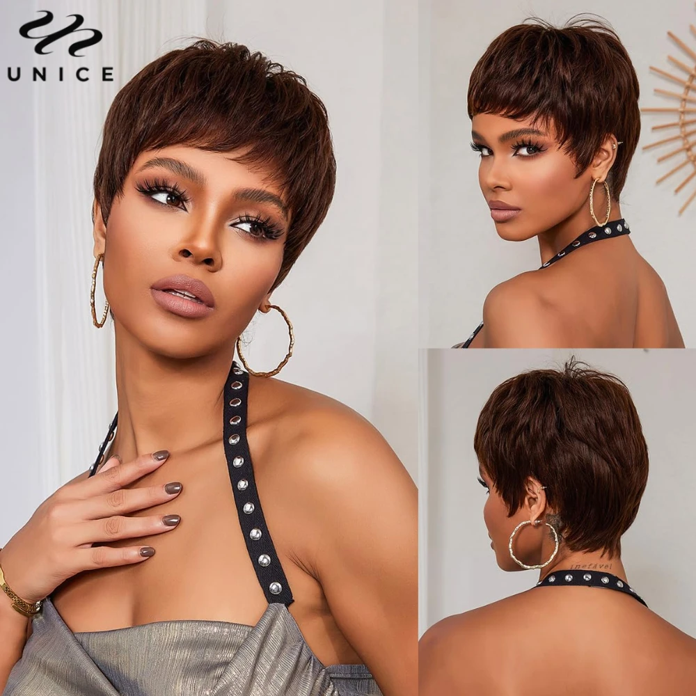 UNice Hair #2 Brown Color Human Hair Wigs Short Pixie Cut Bob Wig With Bangs Full Machine Made Layered Wavy Wigs 6 Inch