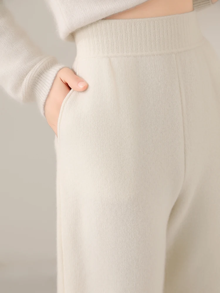 Women's Wool Pencil Pants Autumn Winter Office Lady Style Threaded Elastic Waist Trousers 100% Merino Wool Knitted Thicken Pants