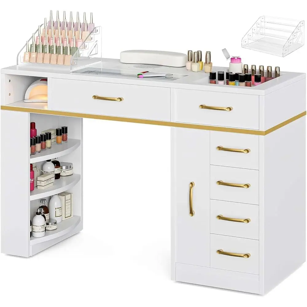 

Glass Top Manicure Table with Acrylic Display, Dust Collector, 7 Drawers, Shelves, and Wrist Cushion, White