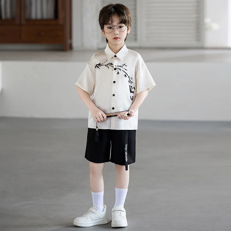 Boys Panda & Bamboo Print Chinese Style Shirt & Shorts Set for Kids Spring Festival Birthday Party Holiday Performance Costume