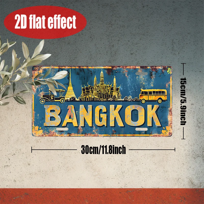 2D Flat 1pc Vintage Bangkok Metal  Sign Aluminum Wall Decoration with Famous Attractions, No Electricity Required