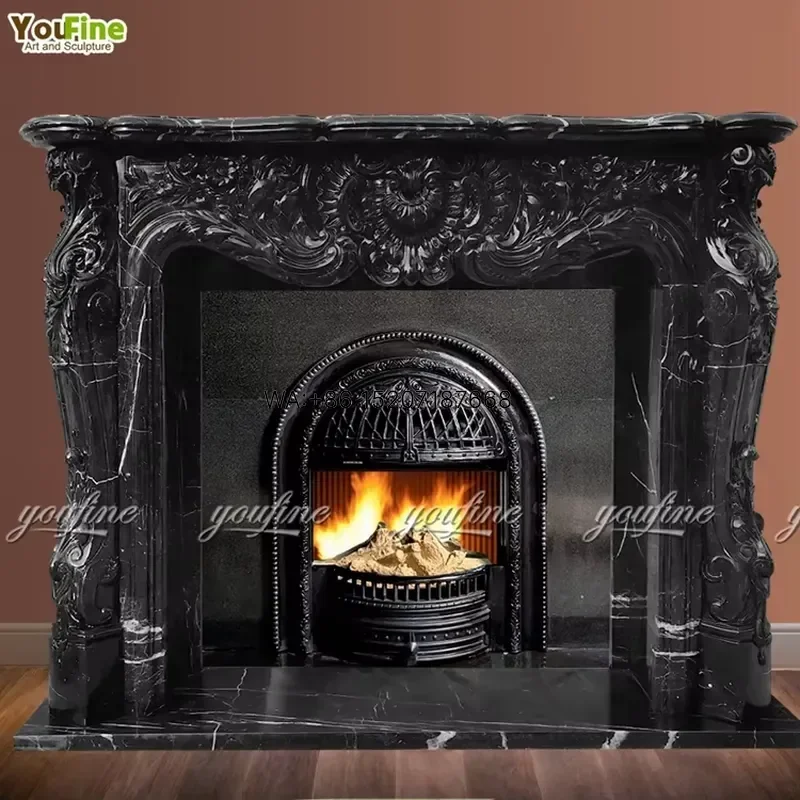 Wmwmnu for Customized Size and Design Hand Carved Black Marble Stone Fireplace Mantle