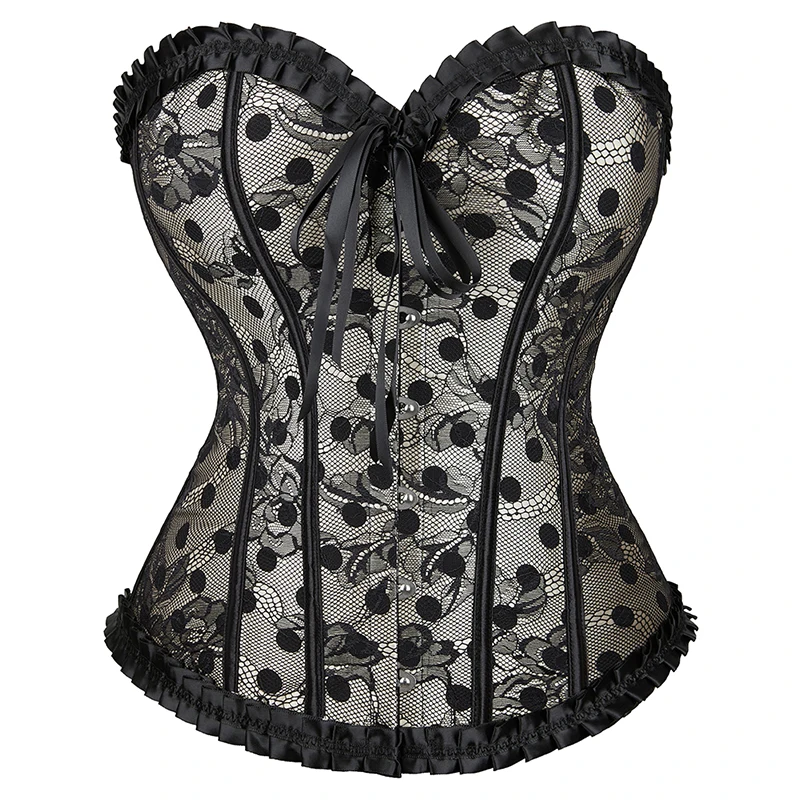 

Black Lace Polka Dot Beige Satin Overbust Corset Lingerie Sexy Bustier Top Gothic Clothing Corselet