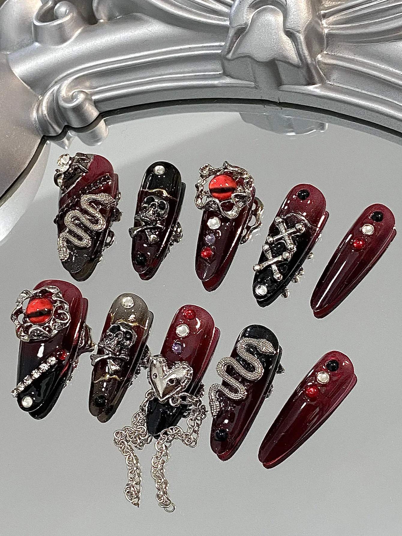 Gothic Snake Skull Press On Nails, Handcrafted Long Almond False Nails with 3D Metal Snake, Skull, Heart Chain & Gem Ornaments