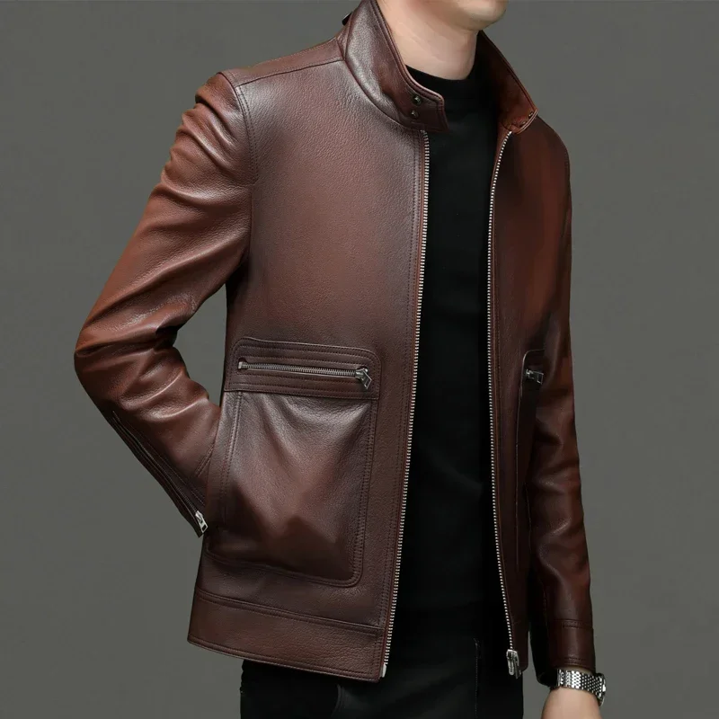 New Men's Fashion Business Solid Color Leather Casual Slim Handsome Trend All Match Gentleman Windproof Lapel Jacket Goat Coat