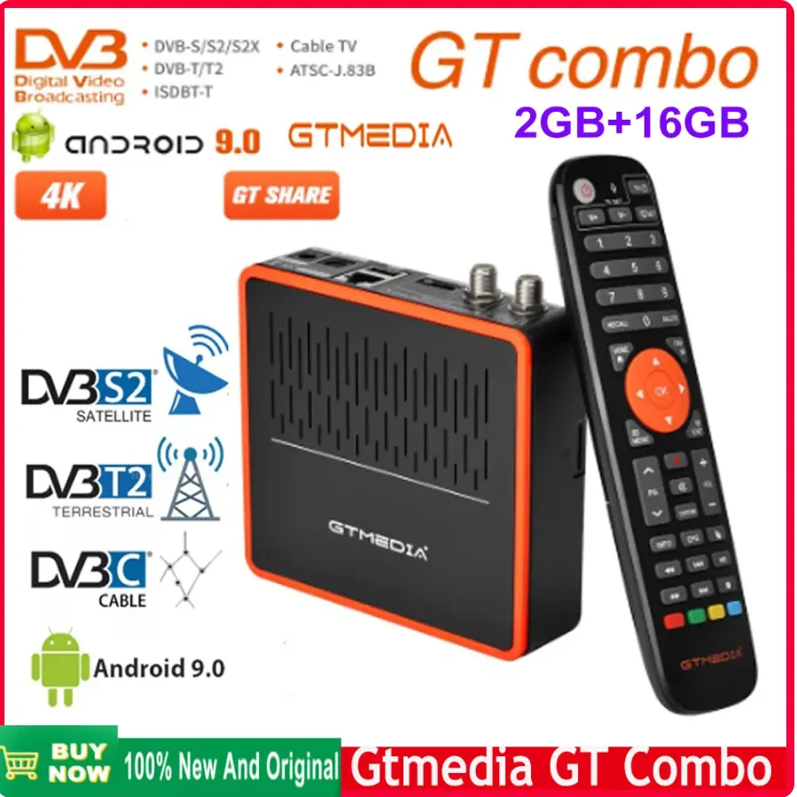 

GTMEDIA GT COMBO 4K HD Satellite Receiver Android 9.0 TV BOX+DVB-S/S2/S2X,DVB+T/T2/Cable Built-in Wifi 2.4G/5G+BT4.1 2GB+16GB