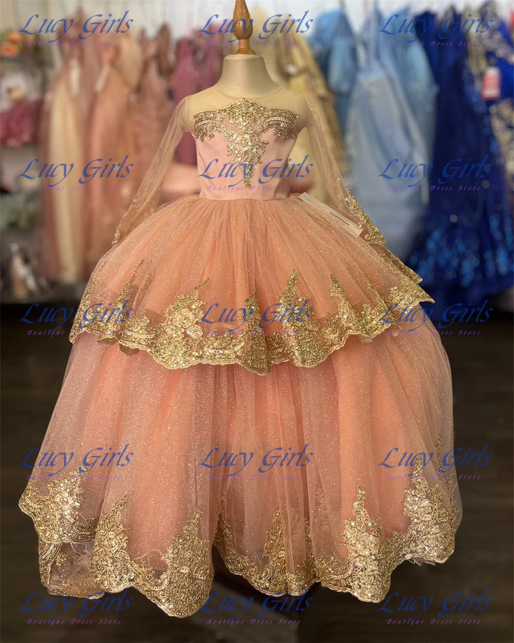 

Gorgeous Little Princess Flower Girl Dress Tulle FLuffy With Gold Applique For Kids Birthday Party Beauty Evening Ball Gowns