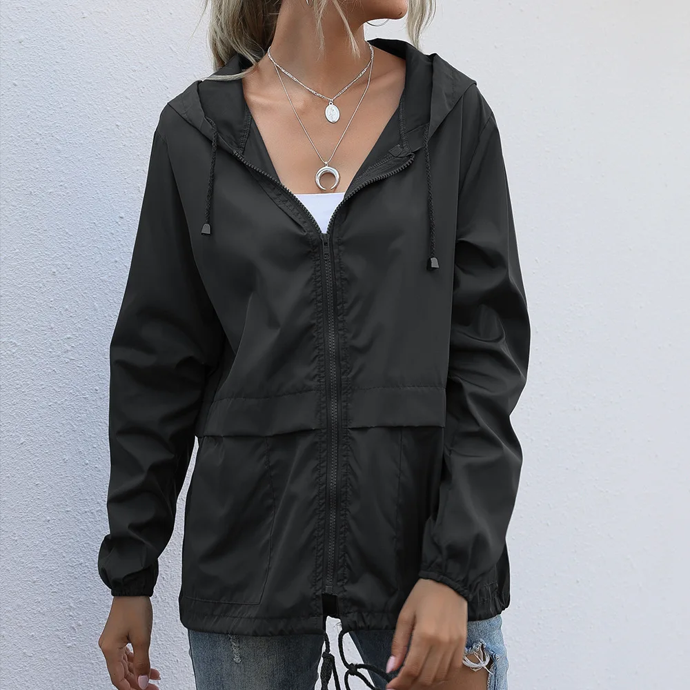Women\'s Zipper Hoodie Raincoat Lightweight Outdoor Hiking Raincoat Jacket Solid Color Raincoat Women Impermeable