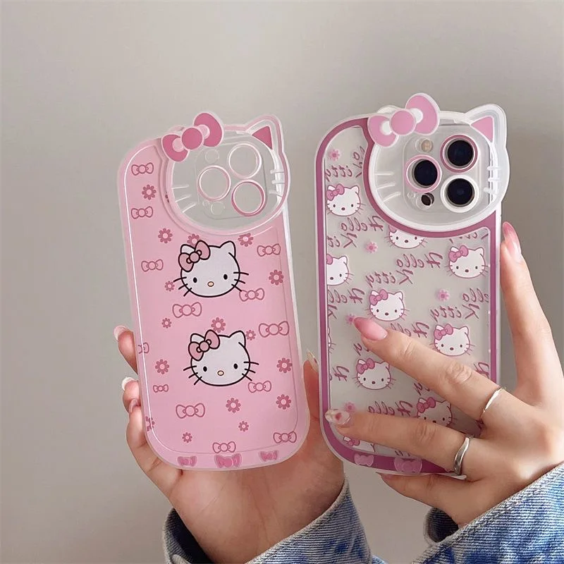جميل مرحبا كيتي Kawaii KT رئيس القوس قضية الهاتف آيفون 16 15 14 13 برو ماكس 11 12 13 برو XS XR 7 8 زائد الوردي فتاة Y2K غطاء