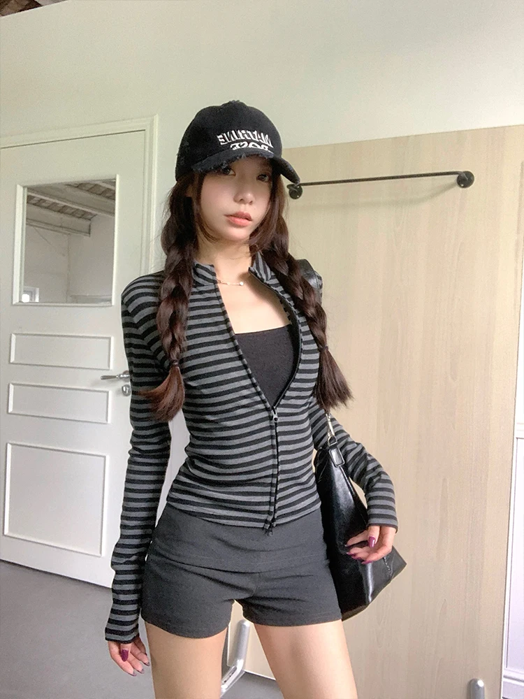 

MosesQueen American Style Slim Fit Striped Zipper Stand Collar Jacket Women's Waist Cinching Top plus Size Regular Length