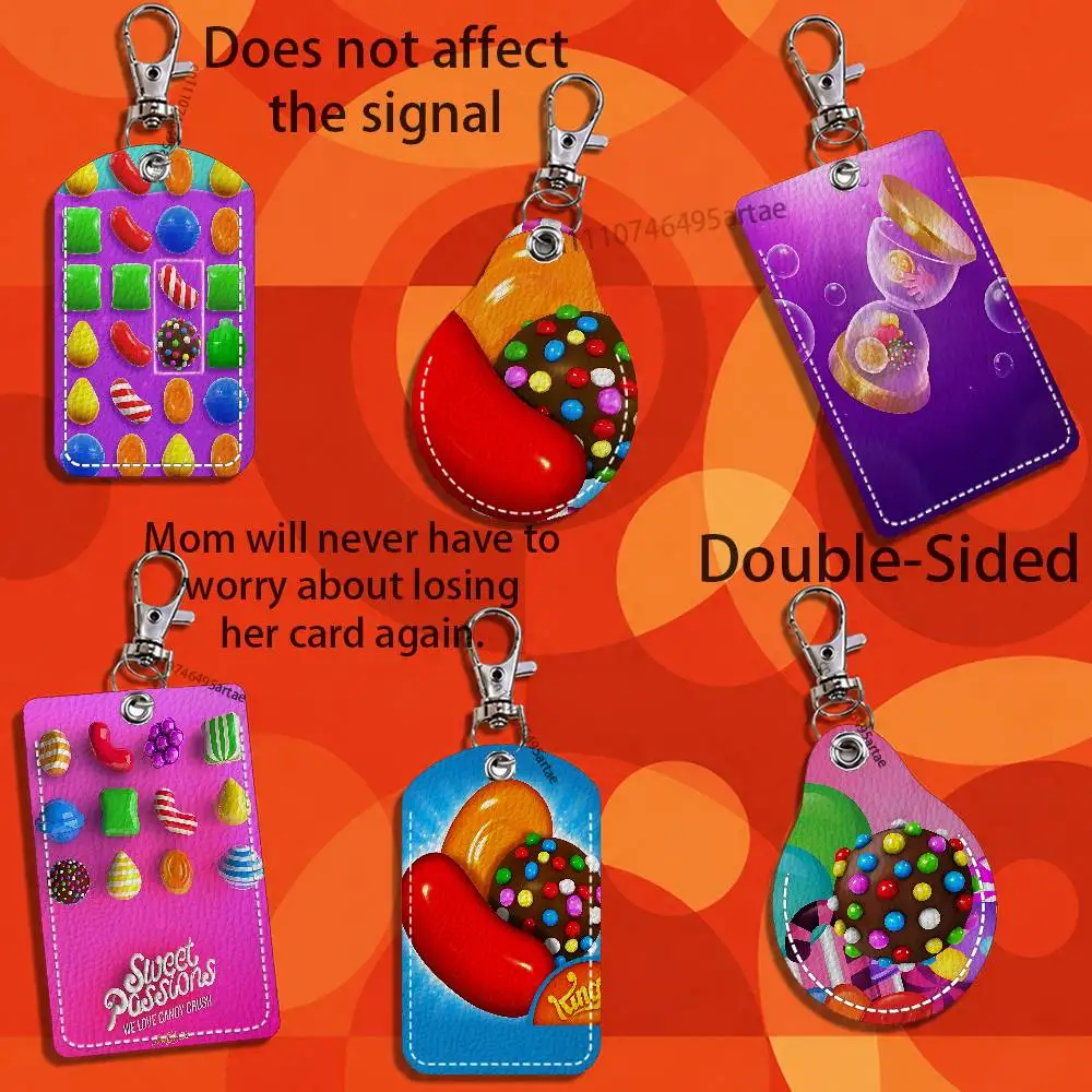 Game Candy Crush Saga Rectangle ID Card Case Keychain Access Card Bag Key Tag Ring Leather Card Holder Key Ring