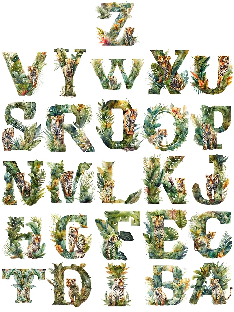 

26PCS Tropical Plant Tiger A-Z alphabet design iron on transfer for clothing dtf transfers ready to press Heat Transfer Printing