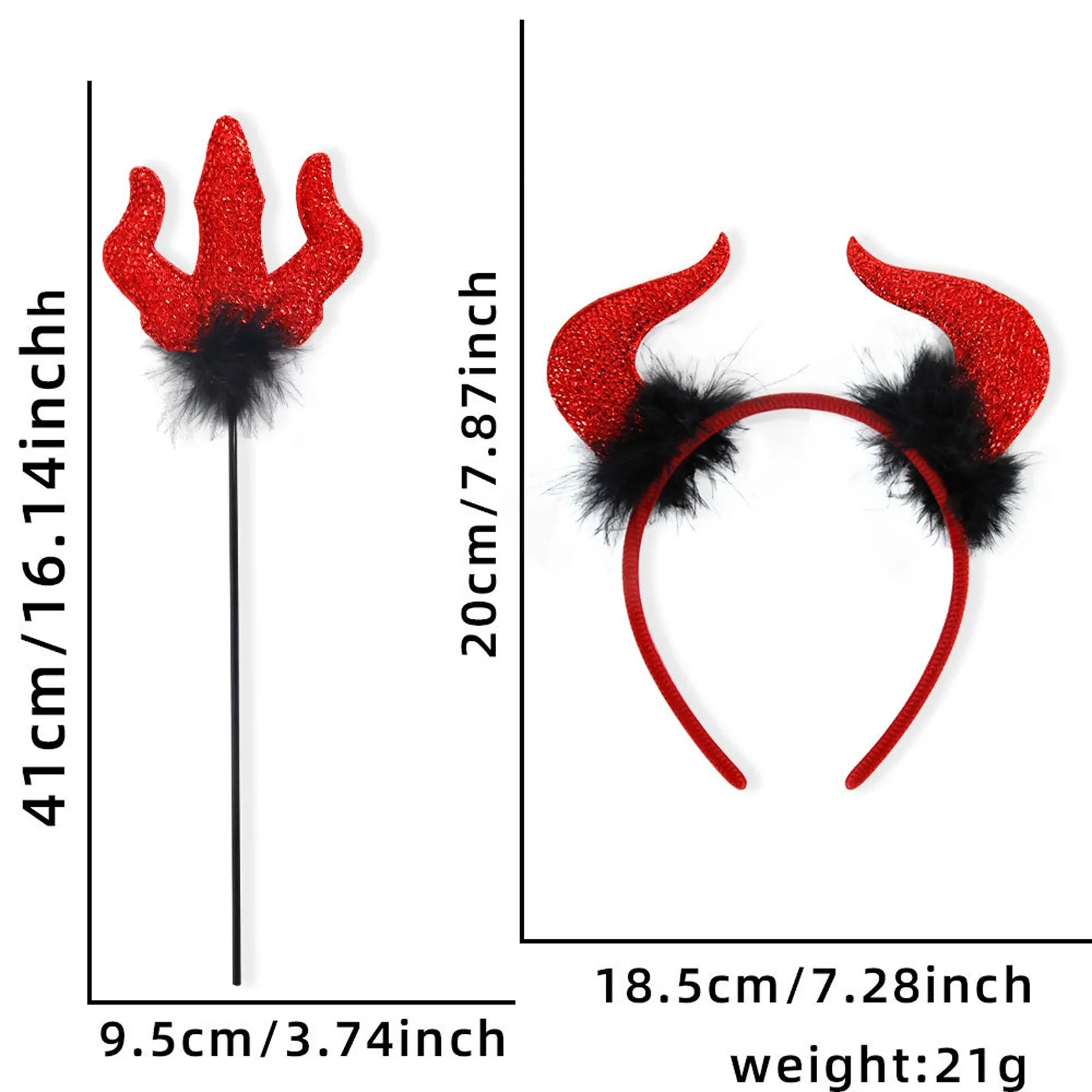 ‌Red Devil Costume Set Halloween Party Accessory Horn Headband Trident Cane Scary Cosplay Outfit for Adults Kids
