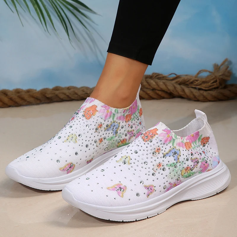 Zapatillas de deporte con estampado de malla para mujer, zapatos planos transpirables de punto con diamantes de imitación, cómodos, antideslizantes,