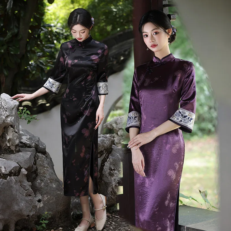 

Long Sleeve Cheongsam Elegant Chinese Style Dress Women Print Flower Qipao Vintage Improved Dresses Long Vestidos