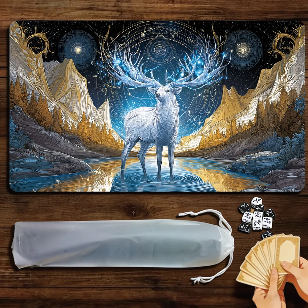 Magic Starry White Deer TCG Playmat Magic Playmat Gathering Gaming Mat with Stitched Edge Anti-slip base Trading Card Game