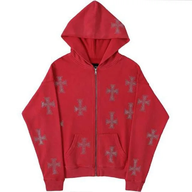 Autumn and winter new 2023 loose top cross rhinestone pattern zipper hooded sweater