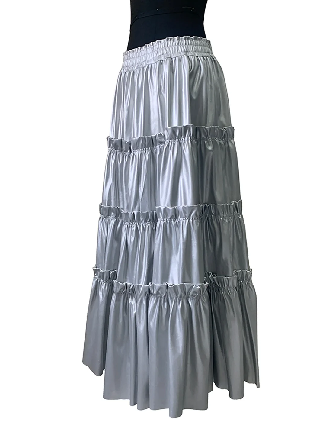 Nerazzurri Silver PU Skirt Cake Skirt A-Line Long Cover Hip Pear Body Shape Youth Polyester Inner  Elastic Waist