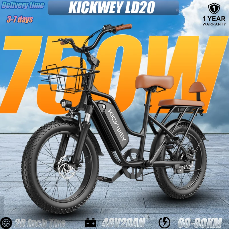 

KICKWEY LD20 Electric Bike 750W Powerful Motor 48V20AH Removable Battery E-bike 20*3.0 Inch Fat Tire Two Seat Electric Bicycle