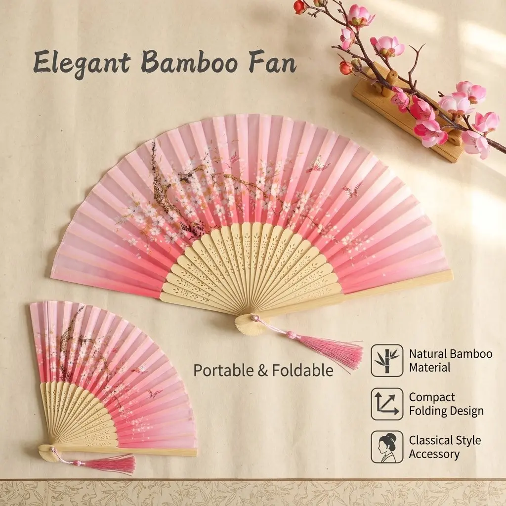 Natural Bamboo Folding Fan for Summer Events Women Hanfu Accessory Traditional Chinese Hand Fan Portable Retro Cooling Tool