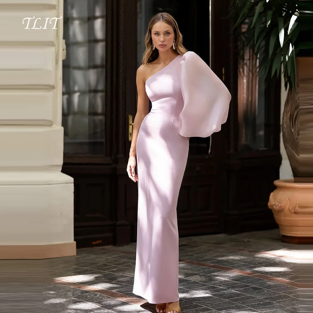 

TLIT Elegant Silk Satin Mermaid Evening Dresses One-Shoulder Long Organza Puff Sleeves Prom Gowns Split Customized فساتي