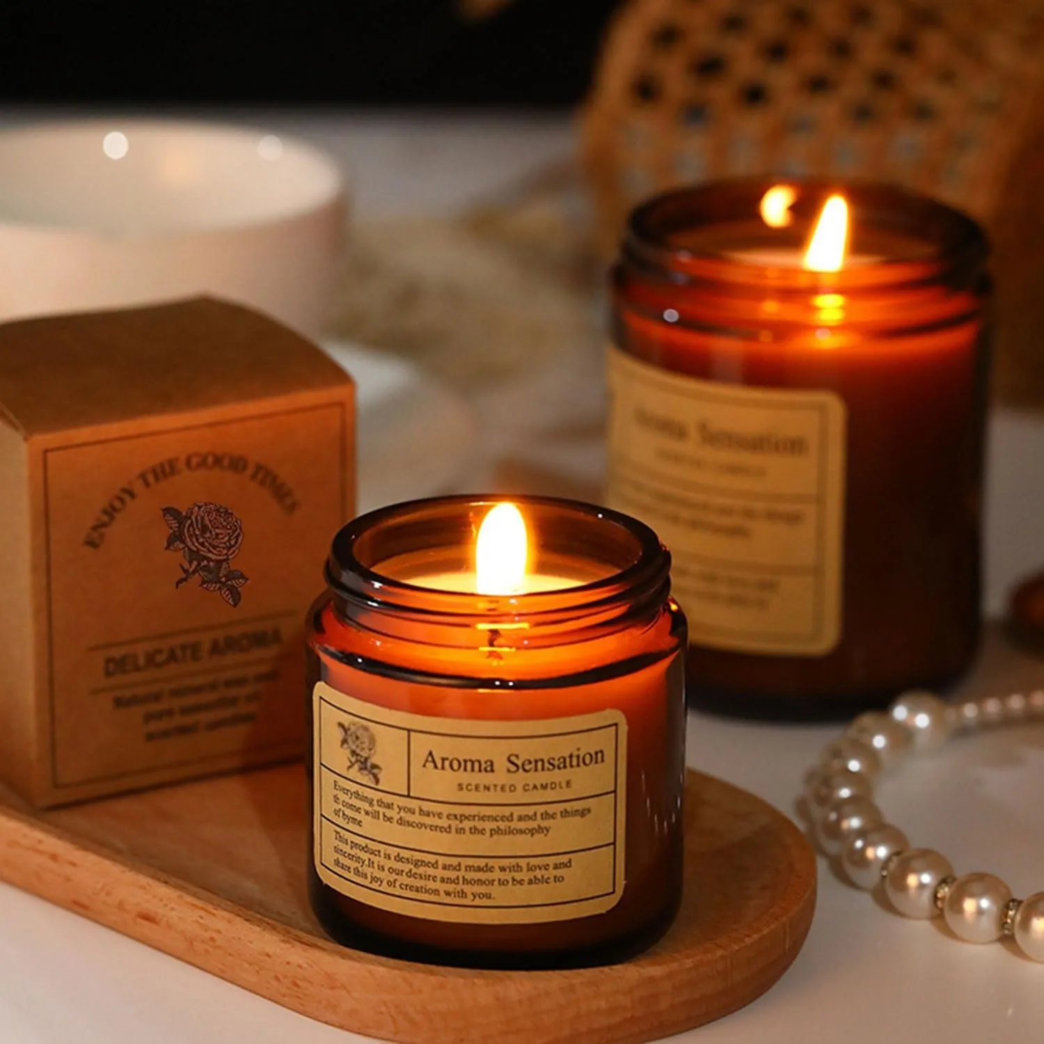 Small Batch Amber Glass Scented Candle - Vintage Smokeless Romantic Candle for Home Party Garden Table Decor