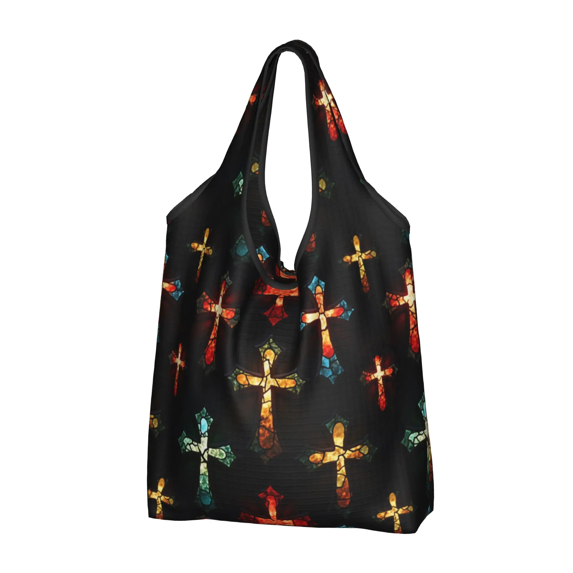 Custom Christian Faith Jesus  Christ Religion  Shopping Bag Women  Grocery Radiant Stained Glass Crosses  Tote Shopper Bags