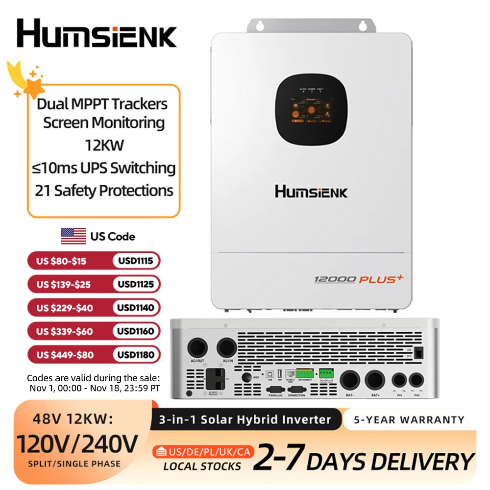 Humsienk 48V 12KW/8KW 3-in-1 Solar Hybrid Inverter, Dual MPPT, 120V/240V Split/Single Phase, 12kW Pure Sine Wave Output, Safety Protections, With USB/RS485/CAN, LCD Display & Remote Monitoring For Off-Grid System