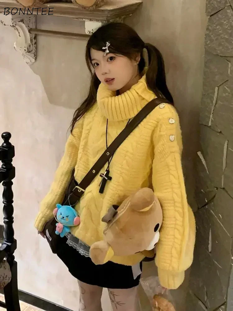 

Пуловеры с высоким воротником, женские однотонные мешковатые пуговицы в ленивом стиле, теплые осенне-зимние вязаные свитера, повседневные мягкие повседневные студенческие свитера