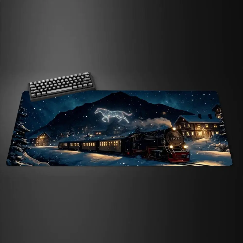 Christmas Snowy Alpine Town Warm Light Train Landscape Large Mousepad Non Slip Rubber Base Keyboard Mat for Work Gaming Desktop