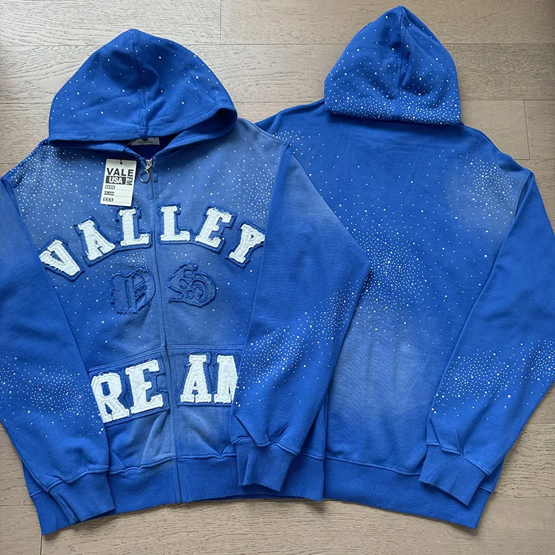 2026 Fall Winter New VALLEY Blue Zip Hoodie Washed Rhinestone Splash Chenille Letter Oversized Sweatshirt