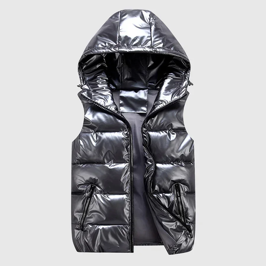 New Men's Hooded Vest Coats Fashion Glossy Waterproof Design Couple Down Cotton Lightweight Casual Waistcoat Male Parkas Vests