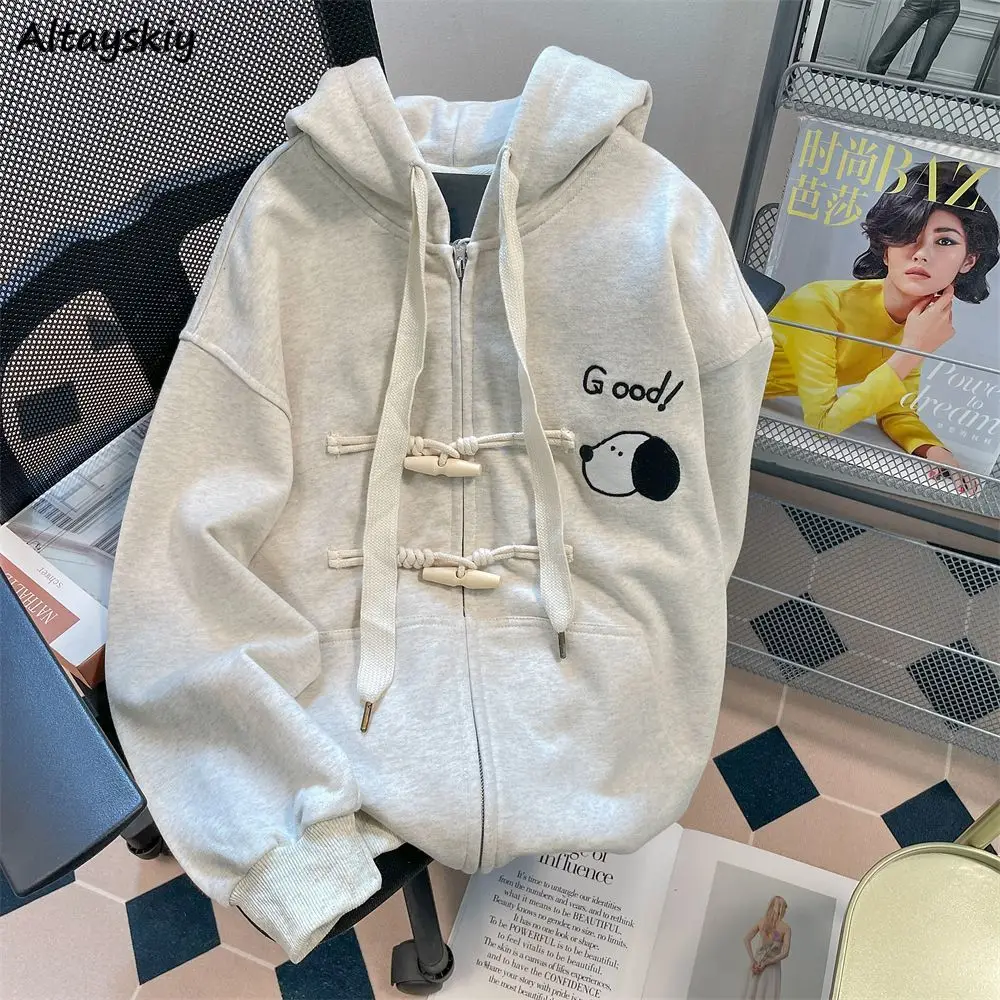 Hoodies Women Zipper Puppy Printed Horn Button Leisure Coat Spring Autumn City Girl Japanese Style 3XL Kawaii Aesthetic Harajuku