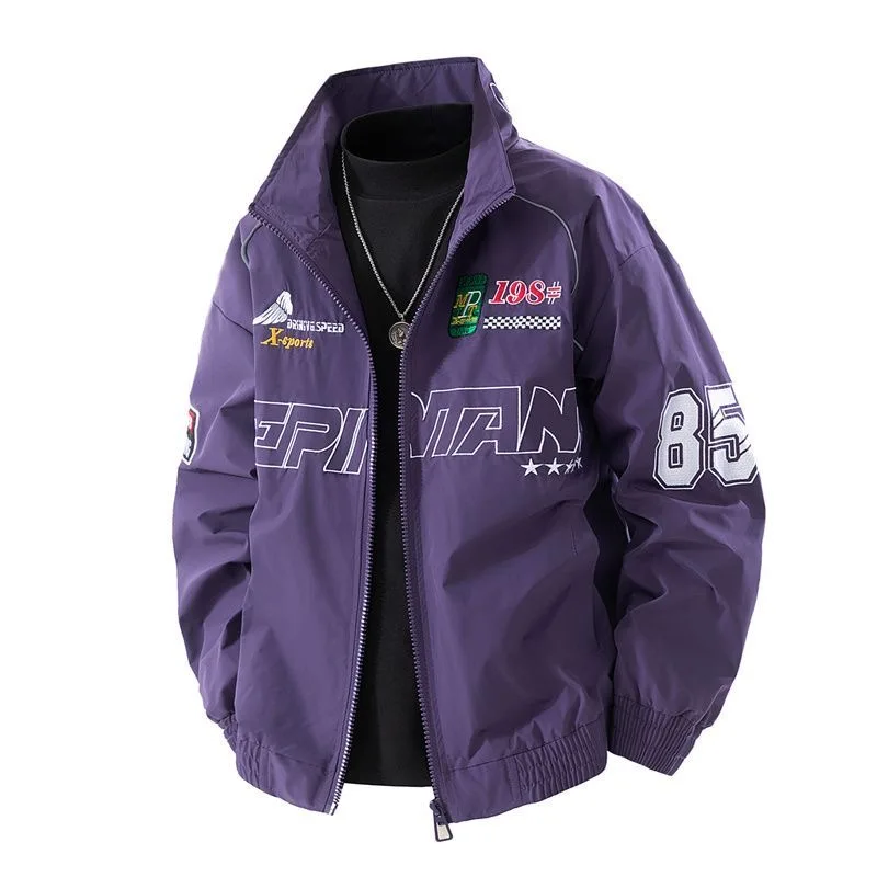 New American Embroidered Flying Spring and Autumn Jacket, Casual and Fashionable Stand up Collar, Men's Loose Motorcycle Jacket