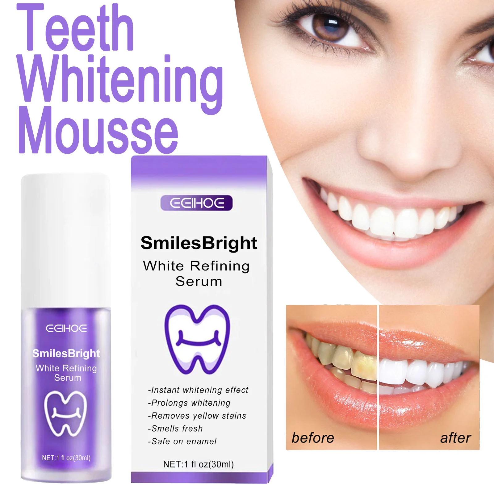 EELHOE Smiles Bright White Refining Serum Teeth Whitening Mousse Mild Ingredients Nano-Hydroxyapatite Xylitol Easy To Use 30ml