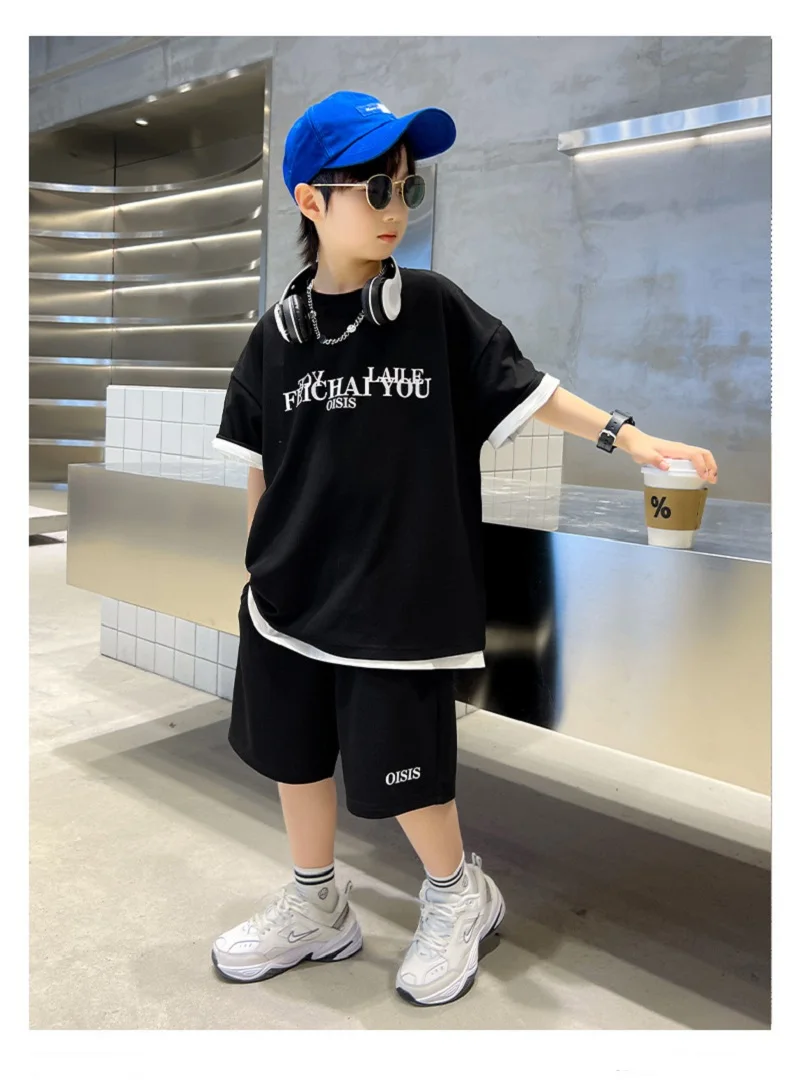 Summer Boys Cotton Loose Alphabet T-Shirt Tops+Shorts Pant Student Workout Sets School Kids 2PCS Tracksuit Child Outfits 5-16 Yr