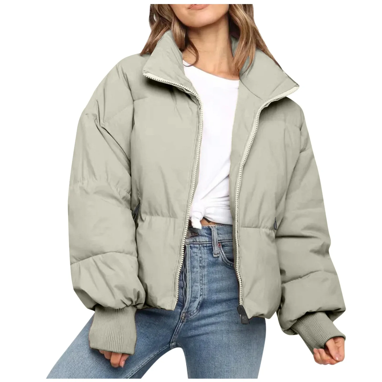 

Winter Ladies Thick Warm Puffer Jacket Loose Bubble Coat Parkas Down Outwear Stand Collar Zipper Casual Solid Jackets Parka Coat