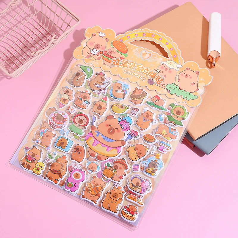 Childrens cartoon sticker gold foil double-layer 3D pulltab sticker capybara rat sticker creative bear fridge magnet Kawai