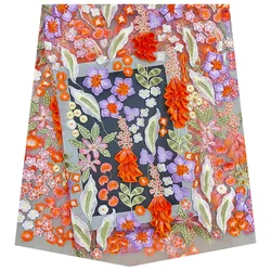 Orange Purple Floral Embroidery Polyester Apricot Mesh Lace Fabric for Summer Evening Wedding Dress 130CM Wide 2Yards Long L093
