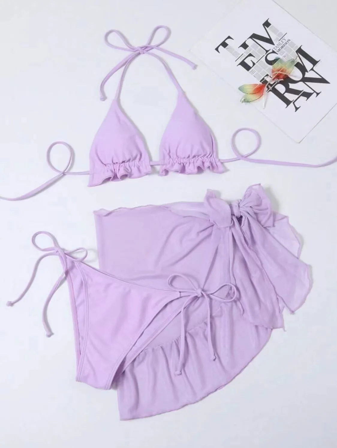 Women Frech Chic Bikini Sets Three Pieces with Mesh Skirt Swimsuit Tie Halter Purple Swimwear Bathing Suit Beach Outfits Biquini